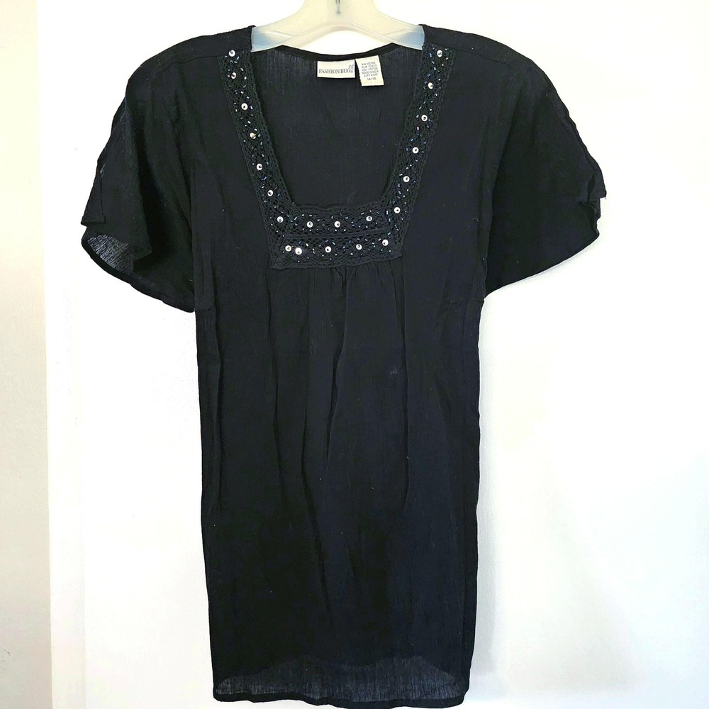 Fashion Bug Vintage Black Square Neck Sequin Beaded Tie Back Tunic Top 14/16